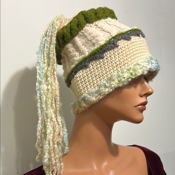Handcrafted Cream and Green Knit Hat main image 7
